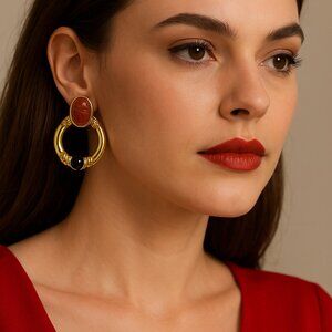 Signed RoAn Vintage Scarab Earrings – Gold-Tone with Carnelian & Black Beads